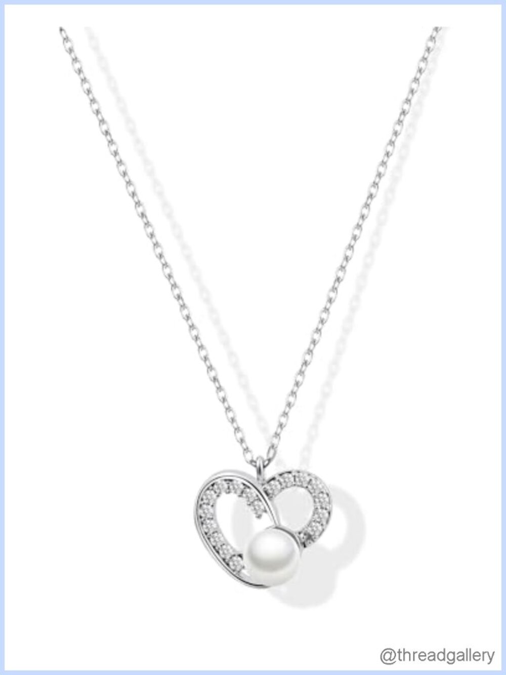 Sterling Silver Pearl Heart Necklace Cubic Zirconia Pendant Dainty Jewelry